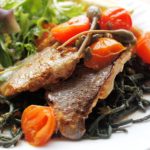 Pan-Fried Sea Bass Fillets in a Pastis & Caper Butter Sauce served with Marsh Samphire