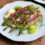 Serrano wrapped Asparagus with Baby Gem Lettuce, Bronze Fennel, Aioli, Chives and Goat’s Cheese