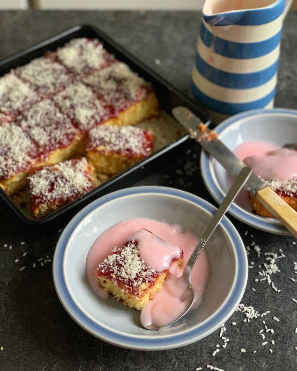 Jam Coconut Sponge With Pink Custard Lavender And Lovage